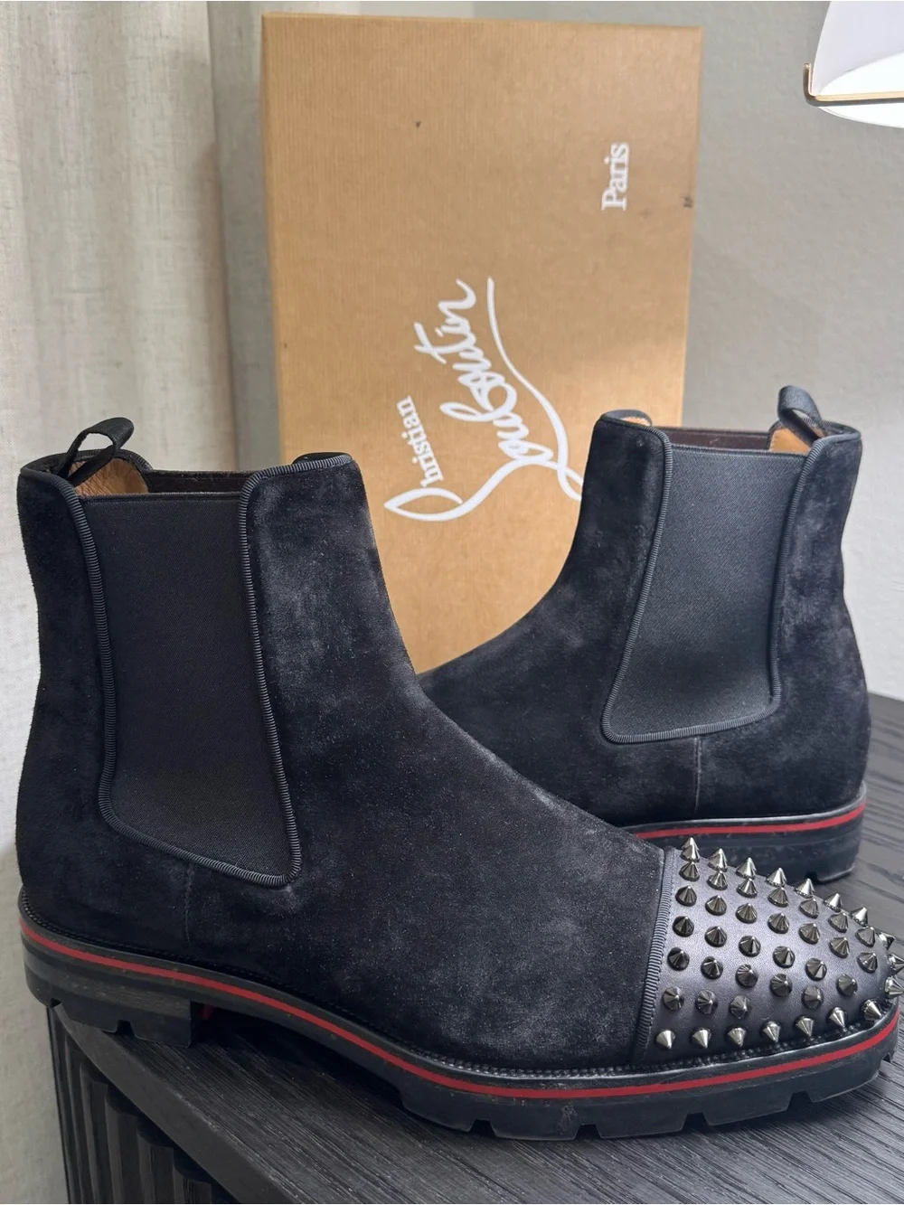 Christian Louboutin Melon Spikes Chelsea Boots Suede Black 42